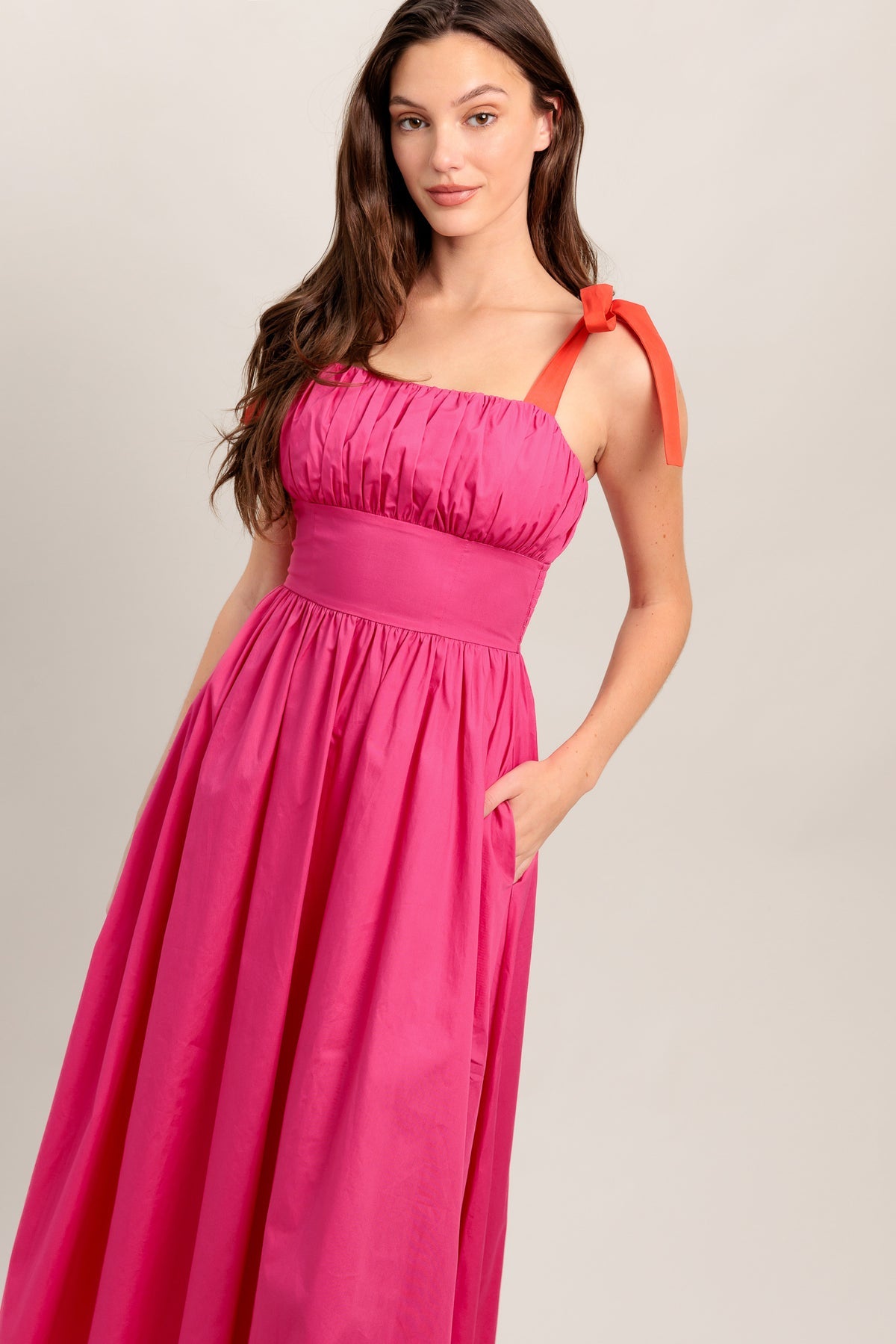 Fuchsia Square Neck Midi Cotton Poplin Party Dress with Tie Shoulder Cocktail Dress Flying Tomato ID22489