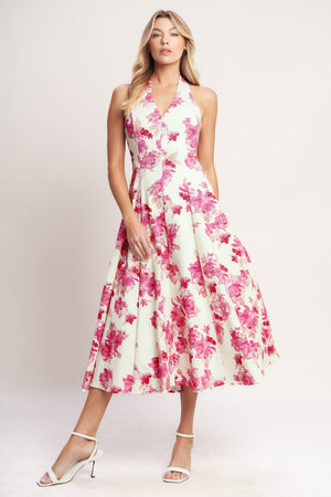Halter-Neck Midi Floral Print Cocktail Summer A-Line Dress Flying Tomato ID22553