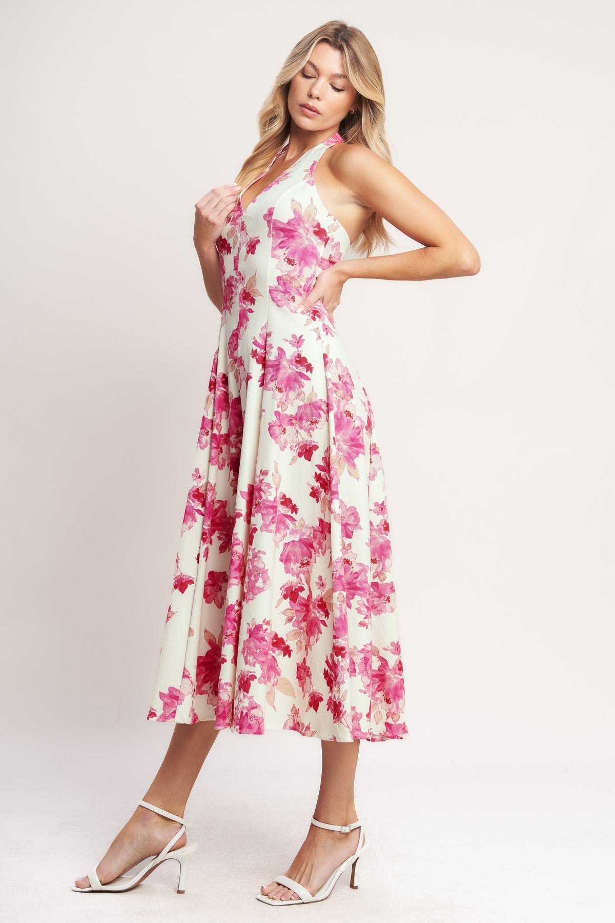 Ivory Fuchsia Halter-Neck Midi Floral Print Cocktail Summer A-Line Dress Flying Tomato ID22553