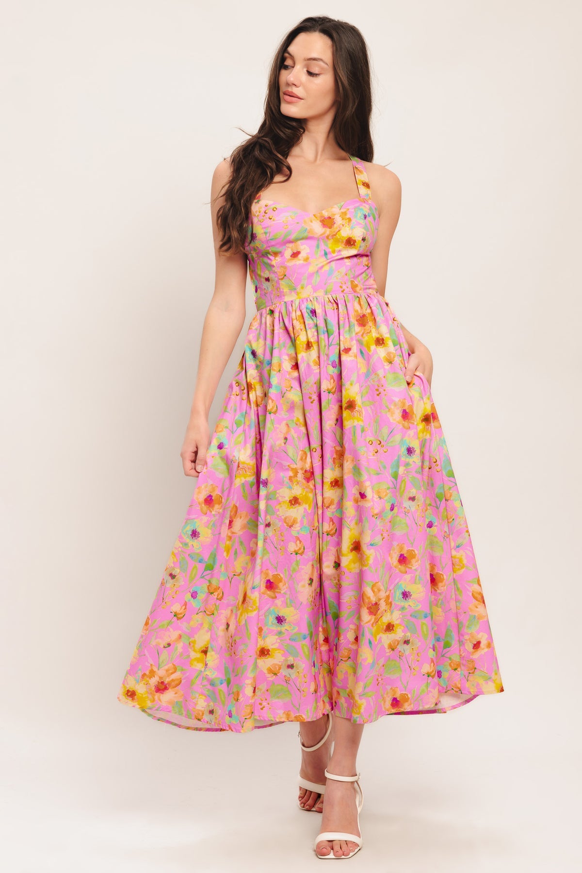 Pink Sweetheart Neck Midi Floral Print Cotton Cocktail Casual Tie-Back Dress Flying Tomato ID22587