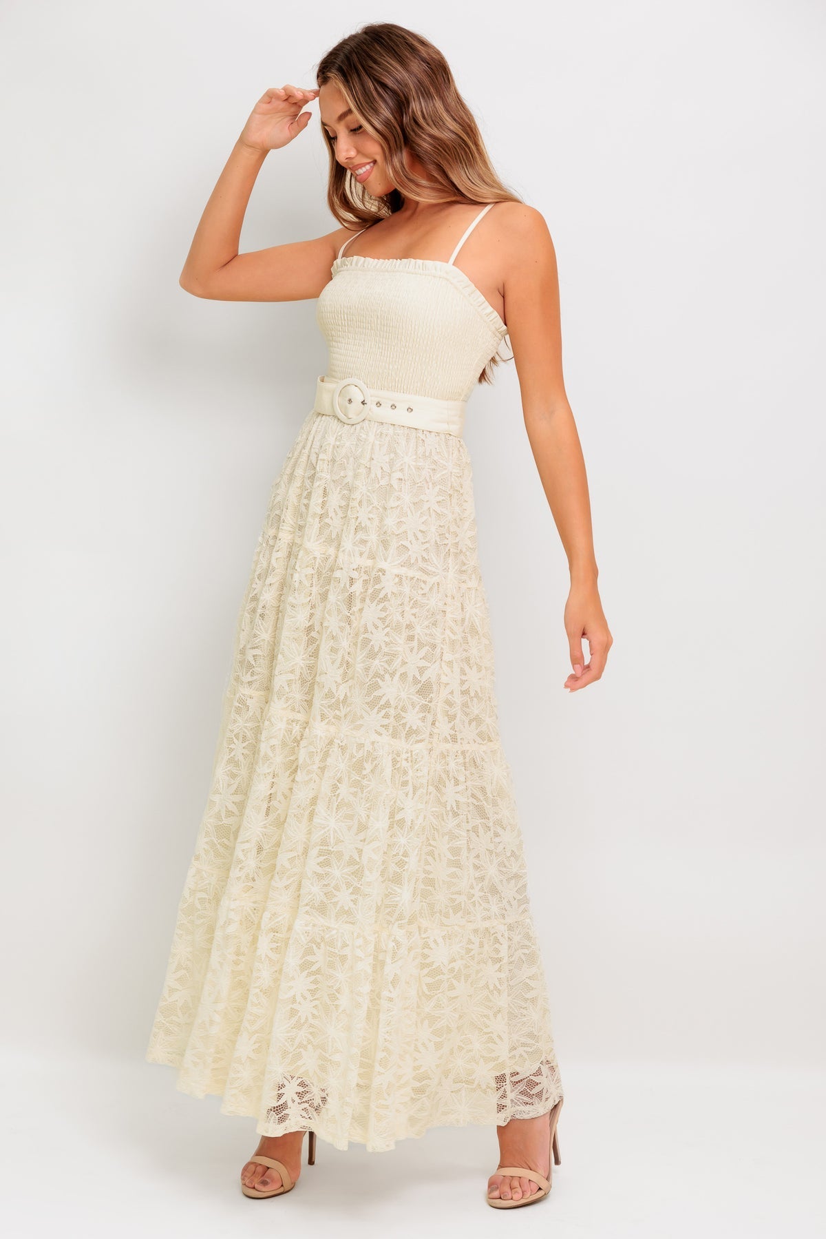 Prom Dresses A Line Long Lace Formal Ruffle Prom Dress Flying Tomato ID22616 Cream