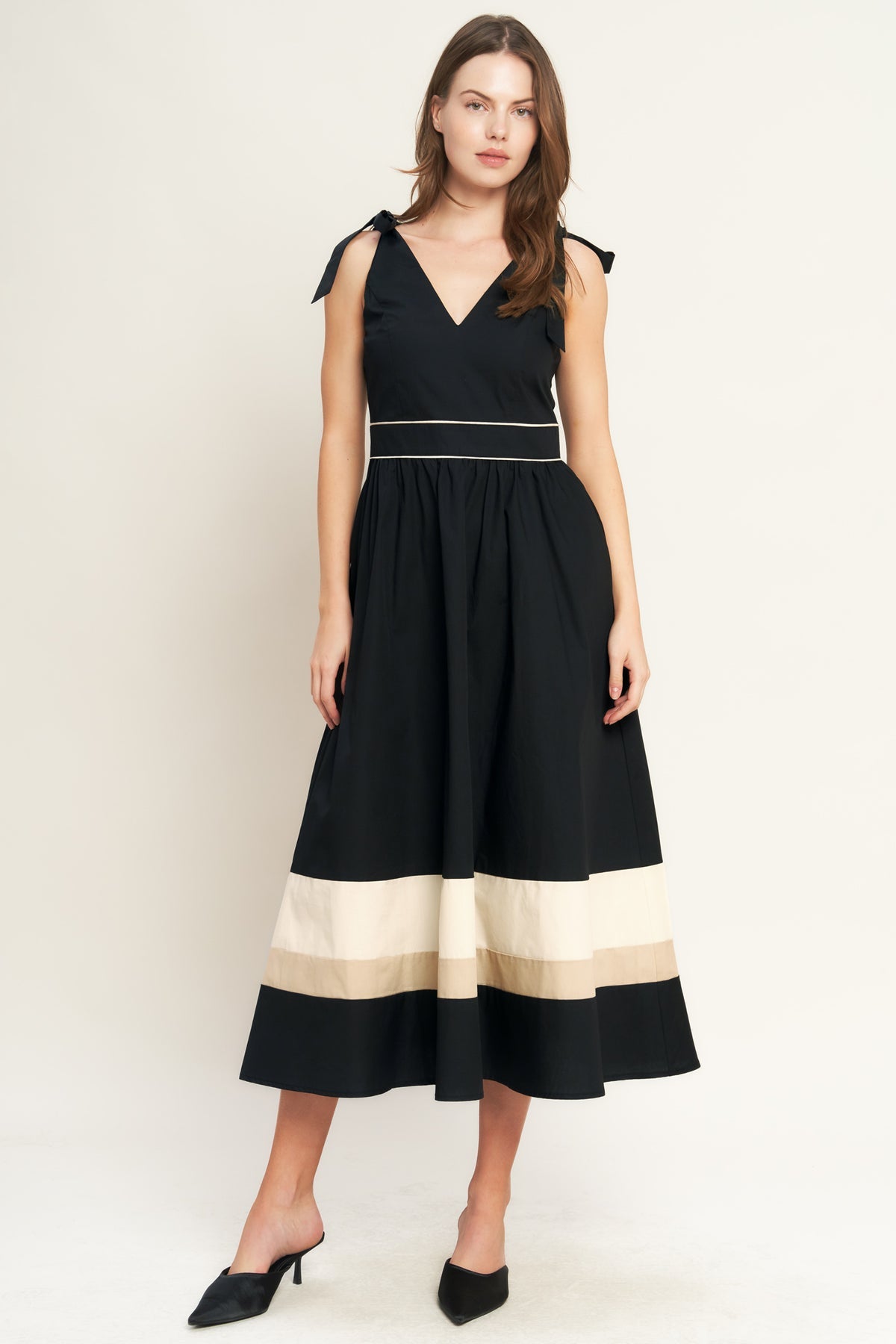 Black Cream V-Neck Midi Cotton Poplin Cocktail Dress with Tie Shoulder Flying Tomato ID22698
