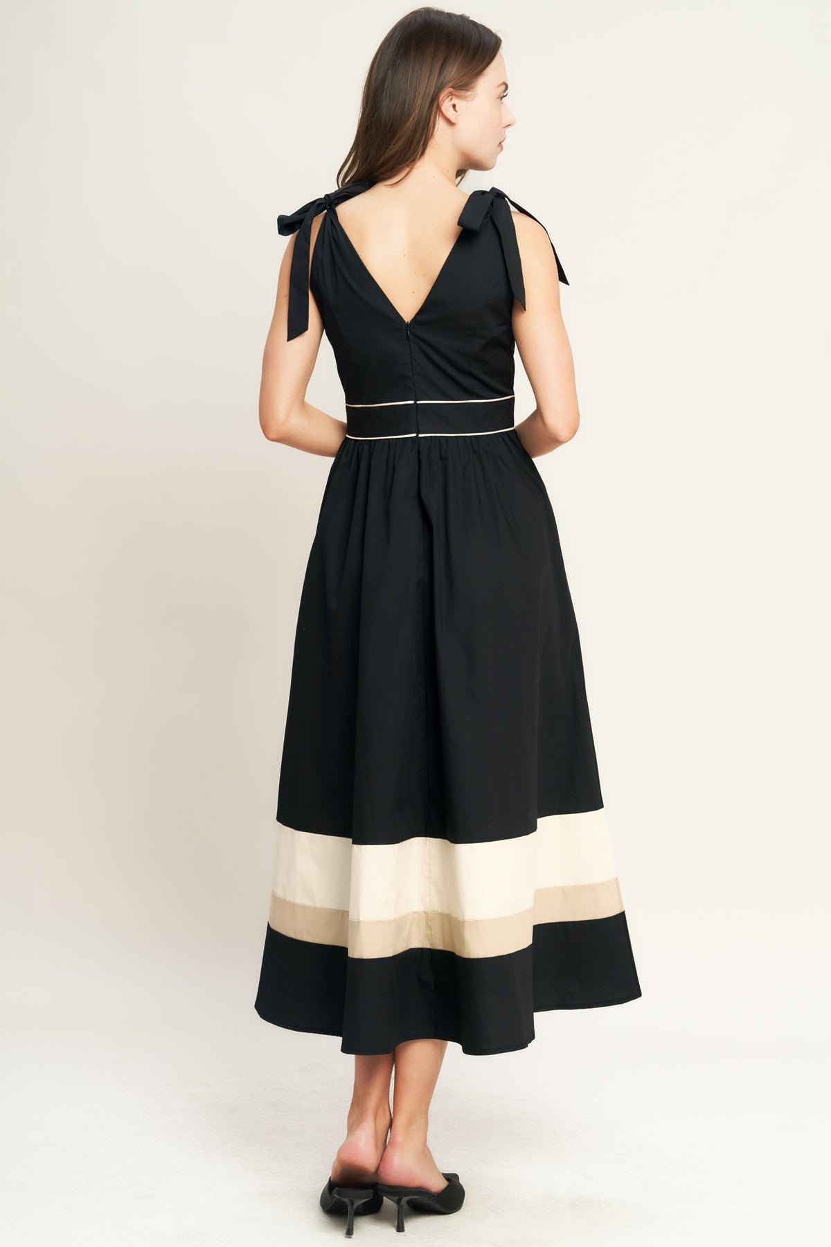 Black Cream V-Neck Midi Cotton Poplin Cocktail Dress with Tie Shoulder Flying Tomato ID22698