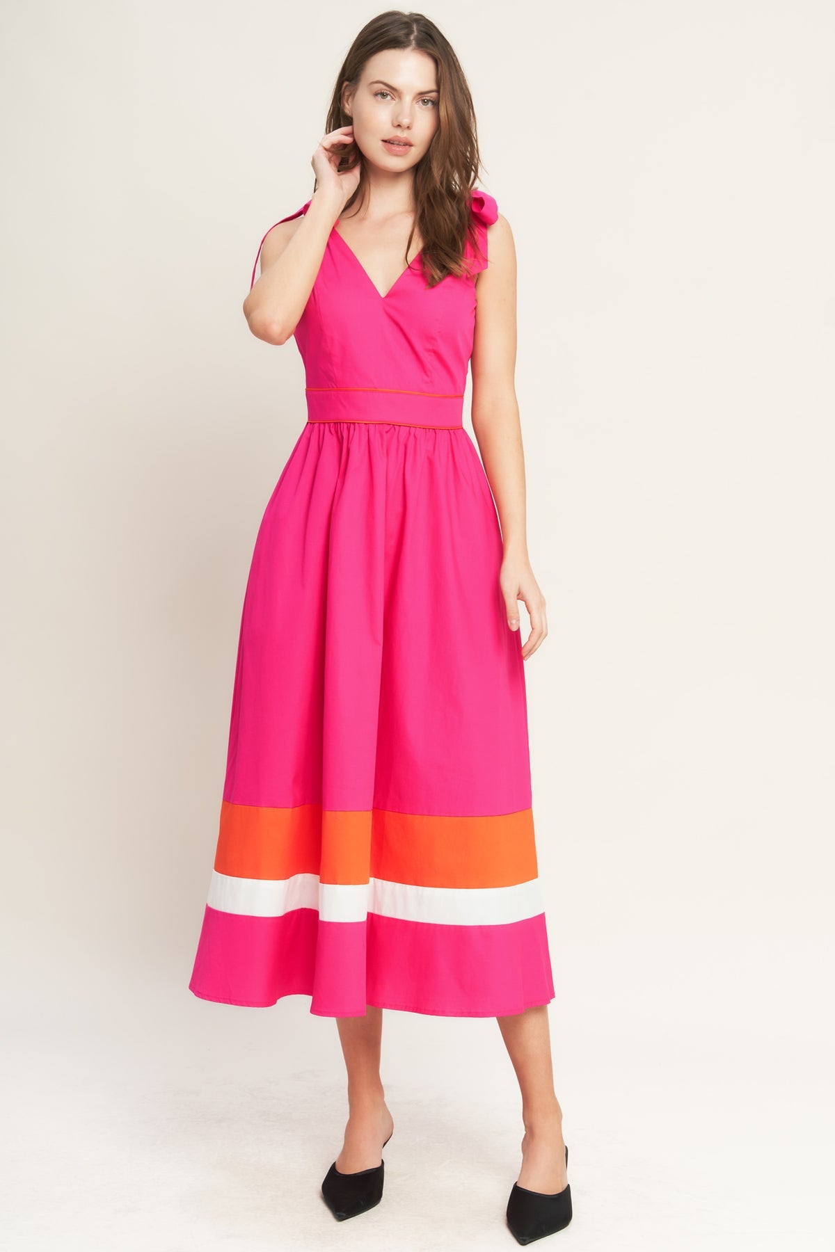 Fuchsia Orange V-Neck Midi Cotton Poplin Cocktail Dress with Tie Shoulder Flying Tomato ID22698