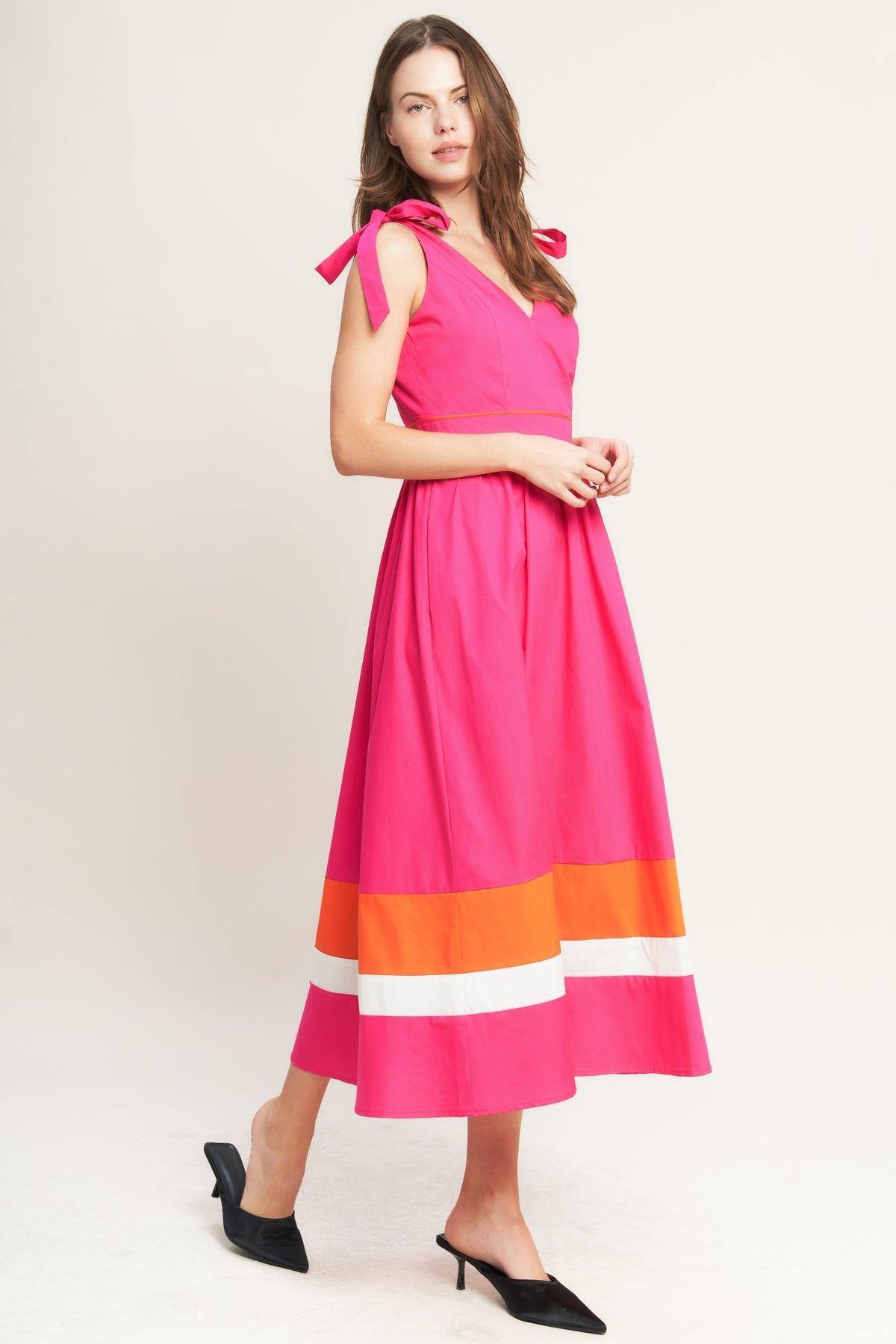 Fuchsia Orange V-Neck Midi Cotton Poplin Cocktail Dress with Tie Shoulder Flying Tomato ID22698