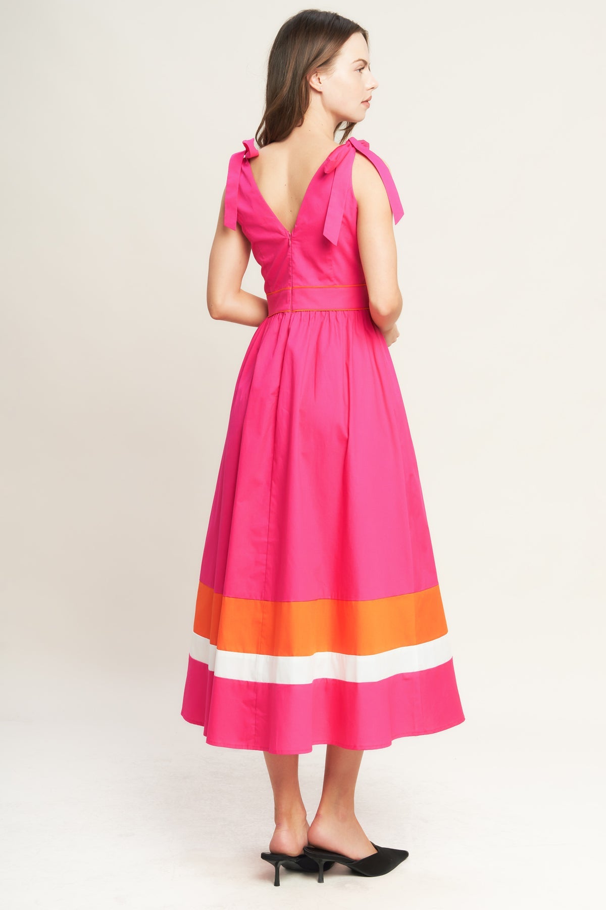 Fuchsia Orange V-Neck Midi Cotton Poplin Cocktail Dress with Tie Shoulder Flying Tomato ID22698