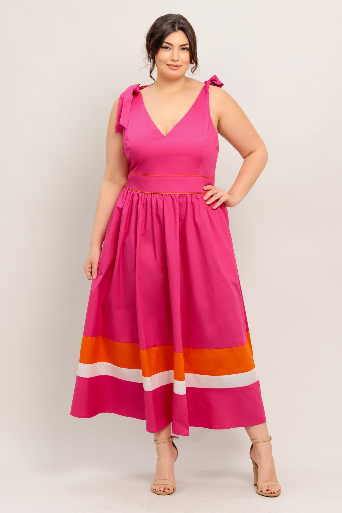 Fuchsia Orange V-Neck Midi Cotton Poplin Cocktail Dress with Tie Shoulder Flying Tomato ID22698