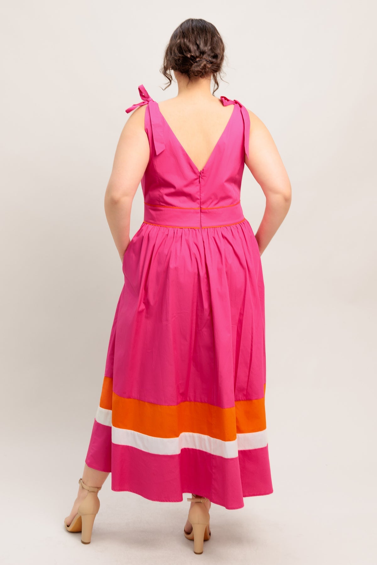 Fuchsia Orange V-Neck Midi Cotton Poplin Cocktail Dress with Tie Shoulder Flying Tomato ID22698
