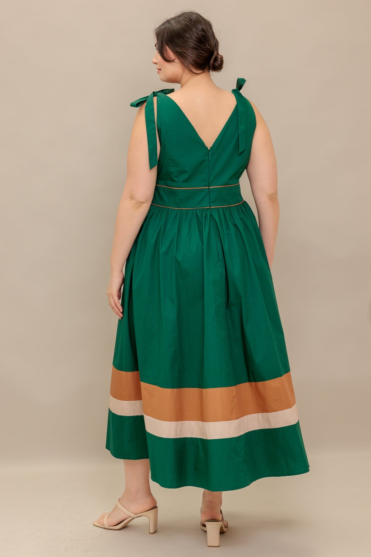 Green Taupe V-Neck Midi Cotton Poplin Cocktail Dress with Tie Shoulder Flying Tomato ID22698