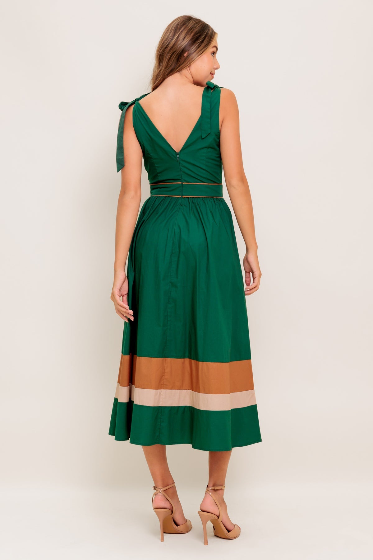 Green Taupe V-Neck Midi Cotton Poplin Cocktail Dress with Tie Shoulder Flying Tomato ID22698