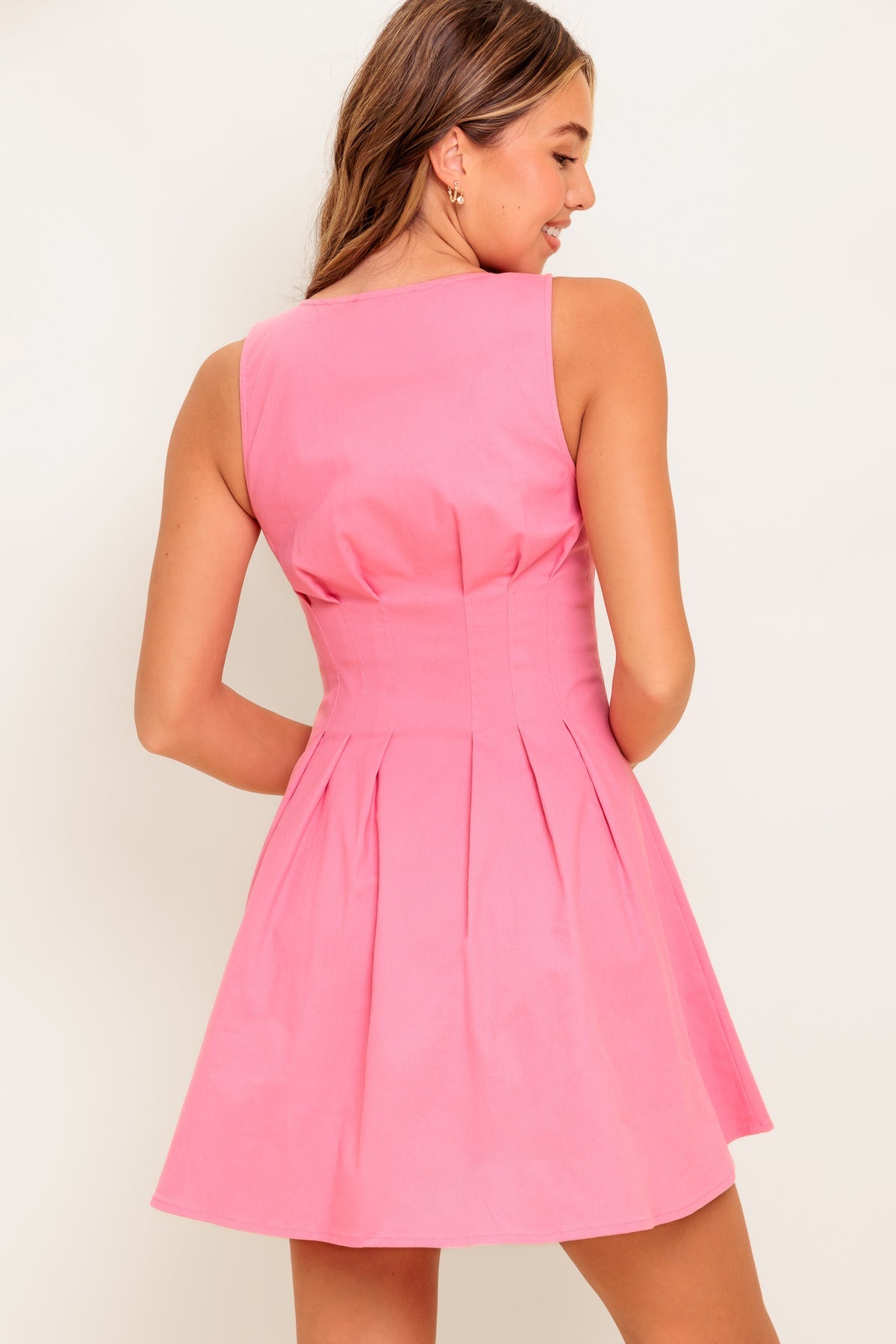 Pink Square Neck Mini Cotton Woven Cocktail Casual Button-Down Fit and Flare Dress Flying Tomato ID22793