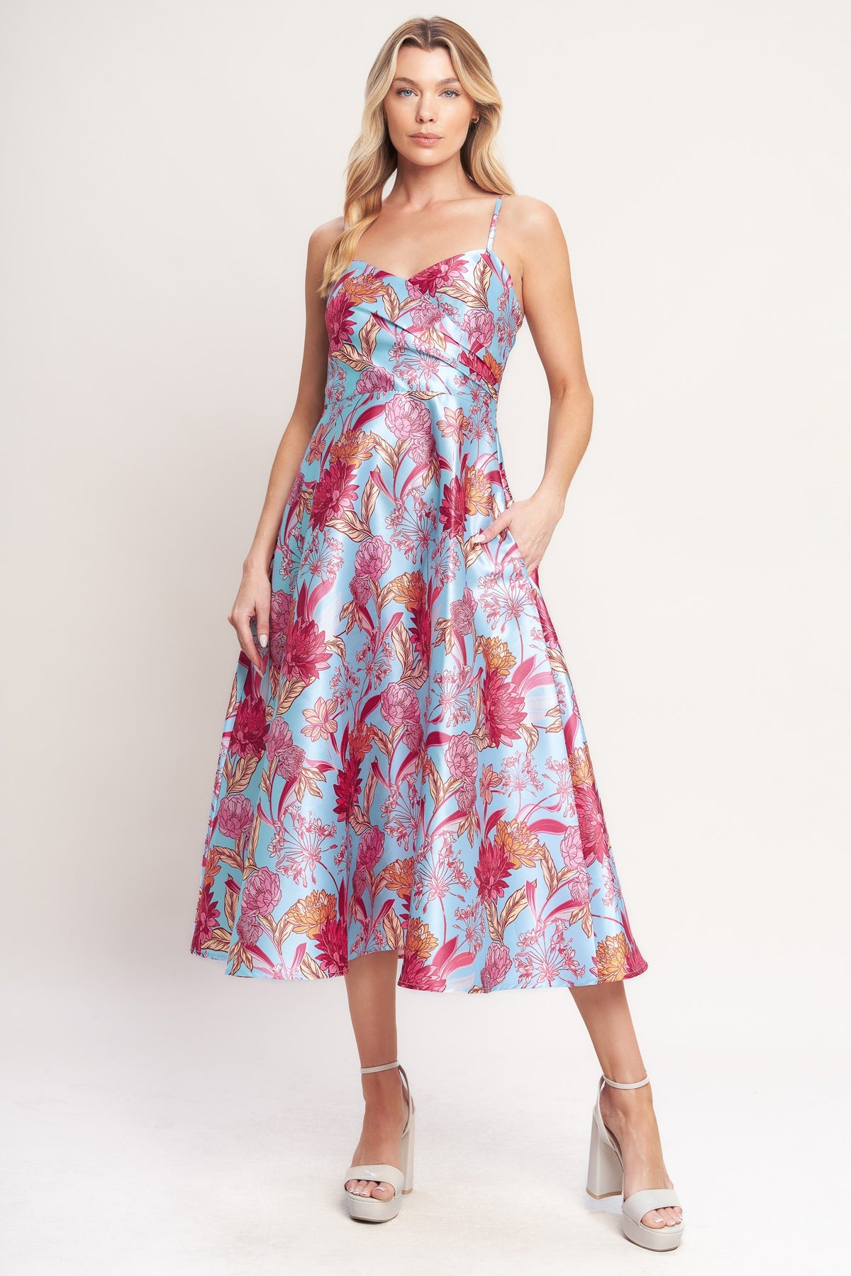 Light Blue Sweetheart Midi Satin Cocktail Spaghetti Strap Floral Print Dress Flying Tomato ID22817