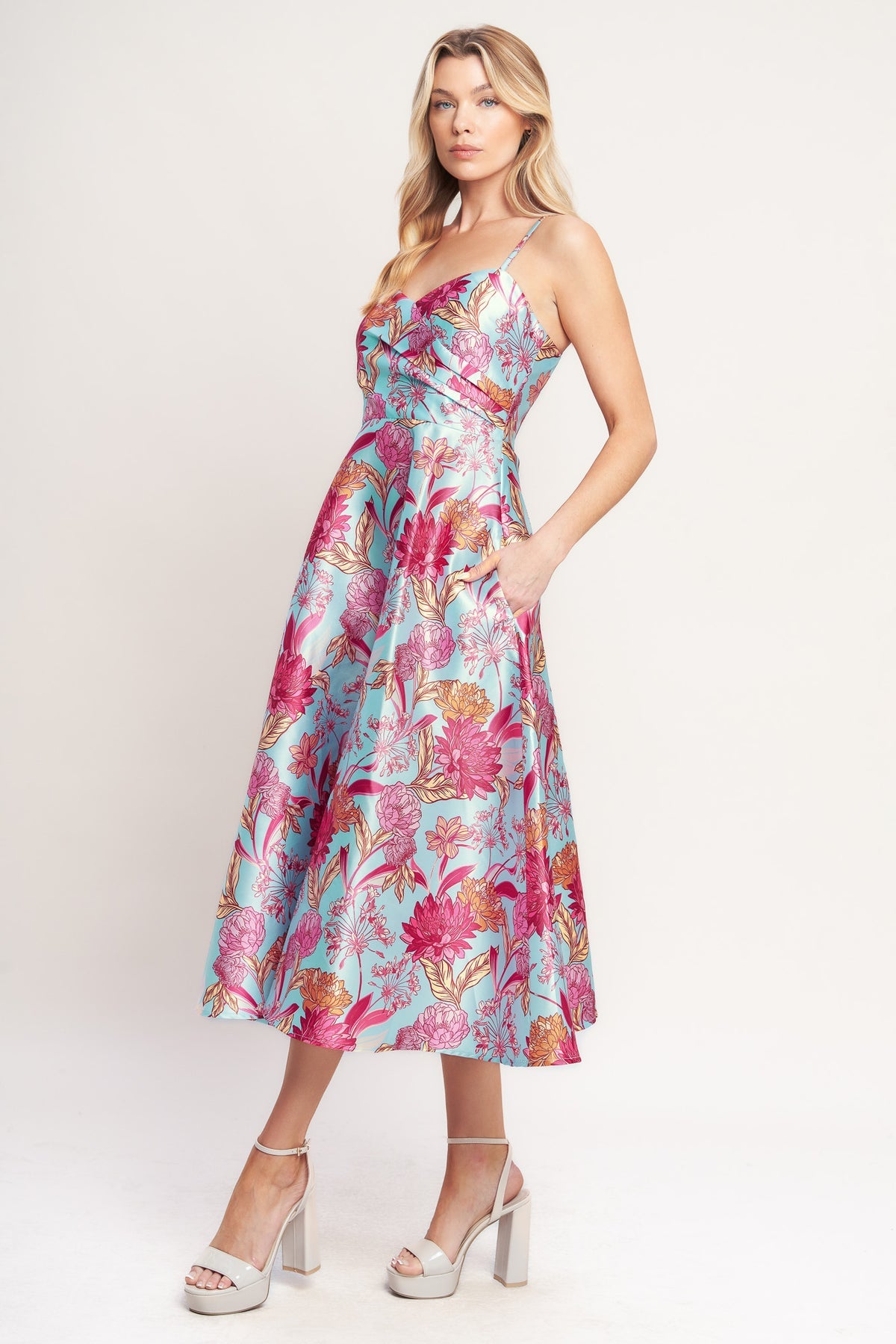 Light Blue Sweetheart Midi Satin Cocktail Spaghetti Strap Floral Print Dress Flying Tomato ID22817