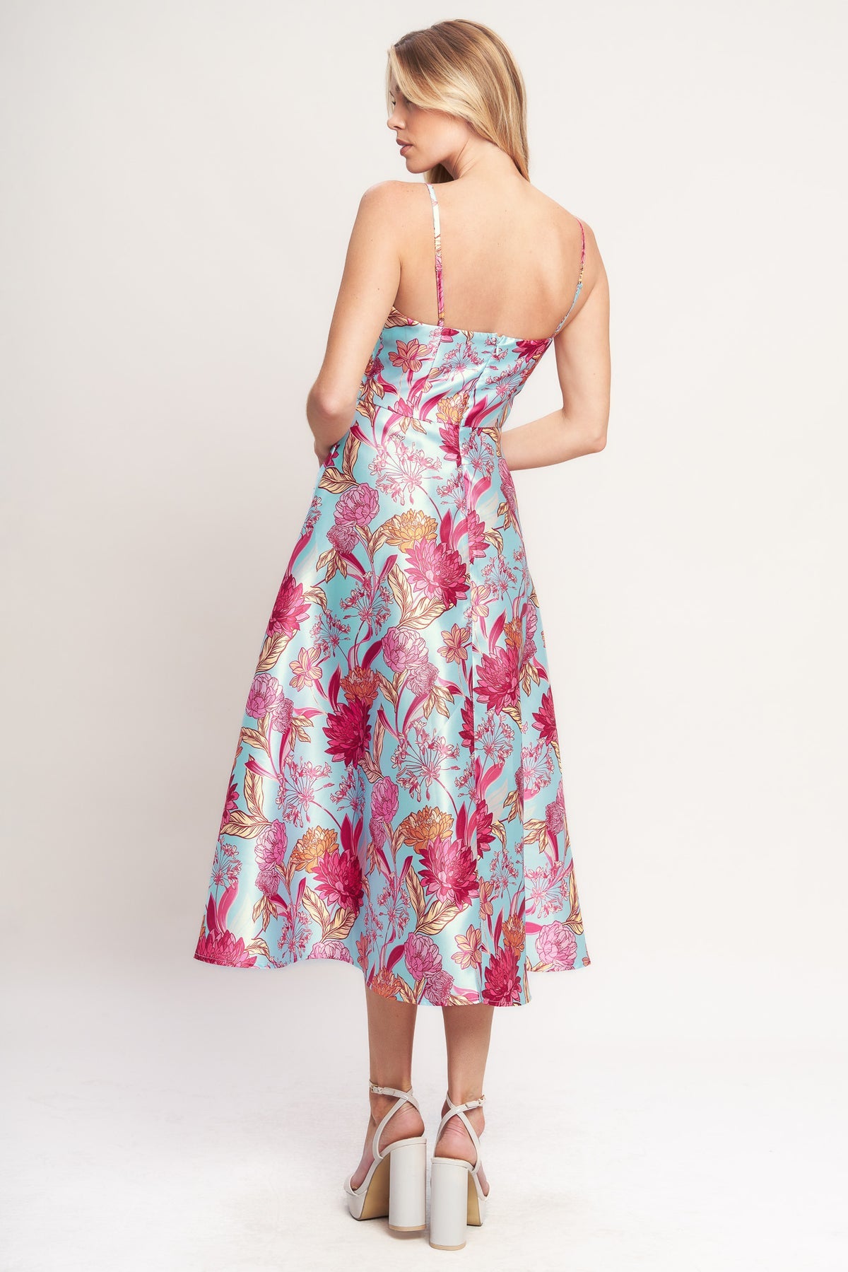 Light Blue Sweetheart Midi Satin Cocktail Spaghetti Strap Floral Print Dress Flying Tomato ID22817
