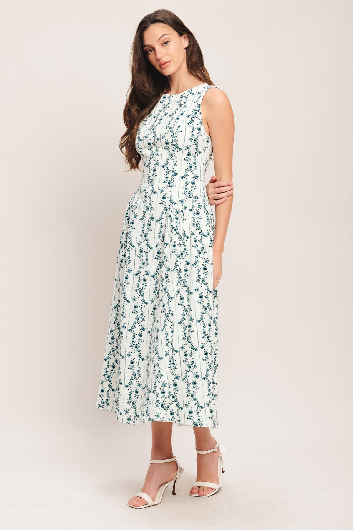 White/Blue Jewel Midi Cotton Floral Cocktail Dress Fit and Flare Midi Dress Flying Tomato ID22845