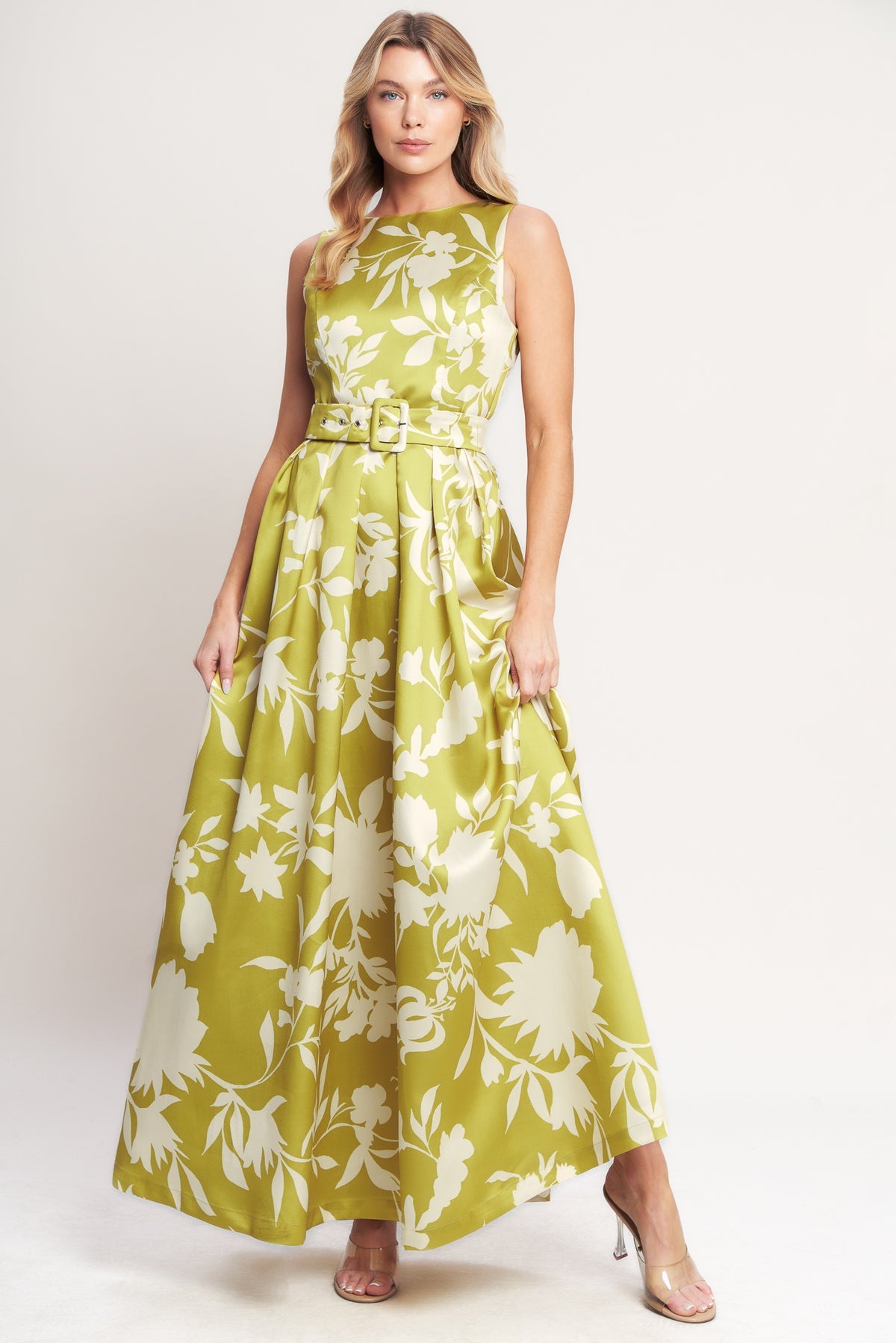 boat neck dress maxi Boat Neck Maxi Satin Floral Cocktail Dress Belted Fit and Flare Open Back Flying Tomato ID22860