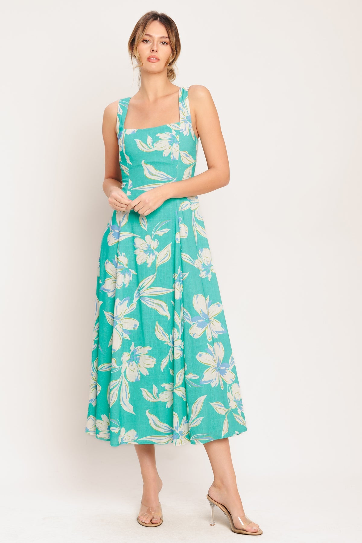 Green Square Neck Midi Cotton Floral Cocktail Wide Strap Fit and Flare Dress Flying Tomato ID22887