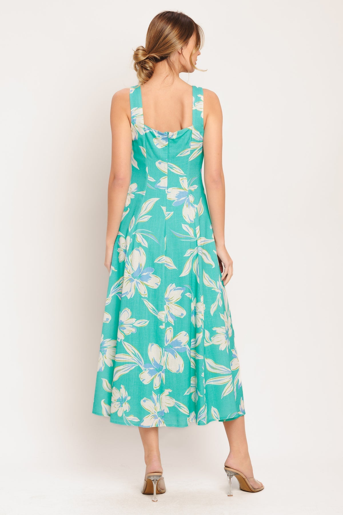 Green Square Neck Midi Cotton Floral Cocktail Wide Strap Fit and Flare Dress Flying Tomato ID22887