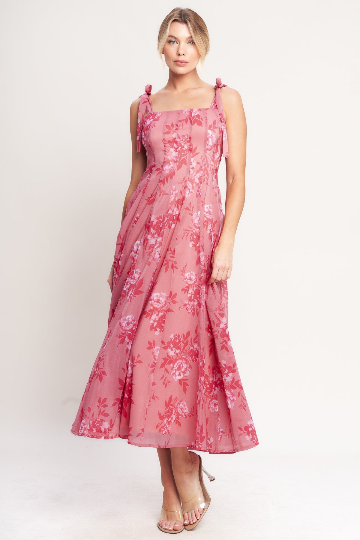 Pink Square Neck Midi Chiffon Cocktail Day Dress Tie Strap Fit and Flare Dress Flying Tomato ID22892