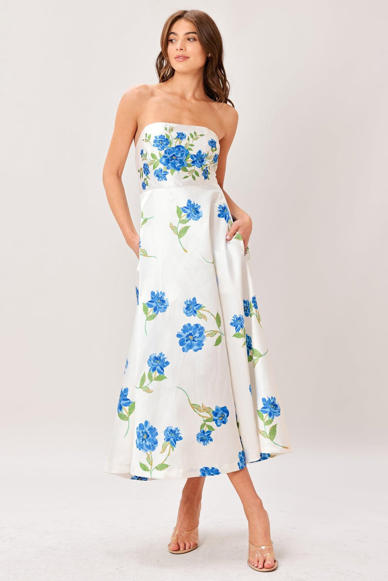 Strapless Midi Satin Wedding Guest A-Line Dress Flying Tomato ID22901