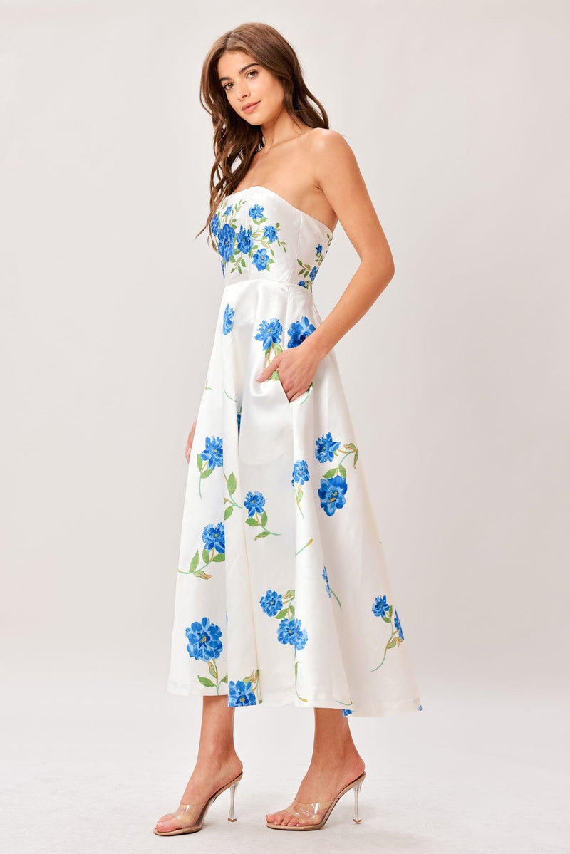 Strapless Midi Satin Wedding Guest A-Line Dress Flying Tomato ID22901