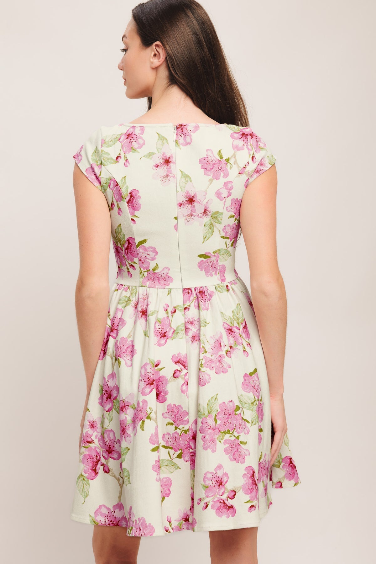 Ivory Pink Bateau Mini Cotton Floral Cocktail Dress Fit and Flare Homecoming Dress Flying Tomato ID22946