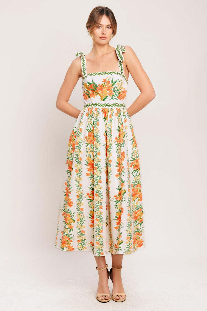 Square Neck Midi Floral Print Garden Party A-Line Dress Flying Tomato ID22949