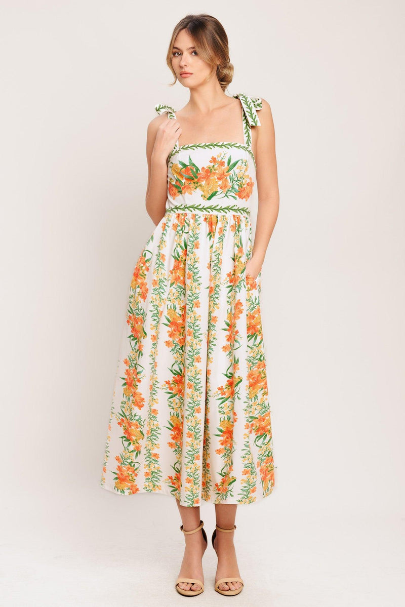 Square Neck Midi Floral Print Garden Party A-Line Dress Flying Tomato ID22949