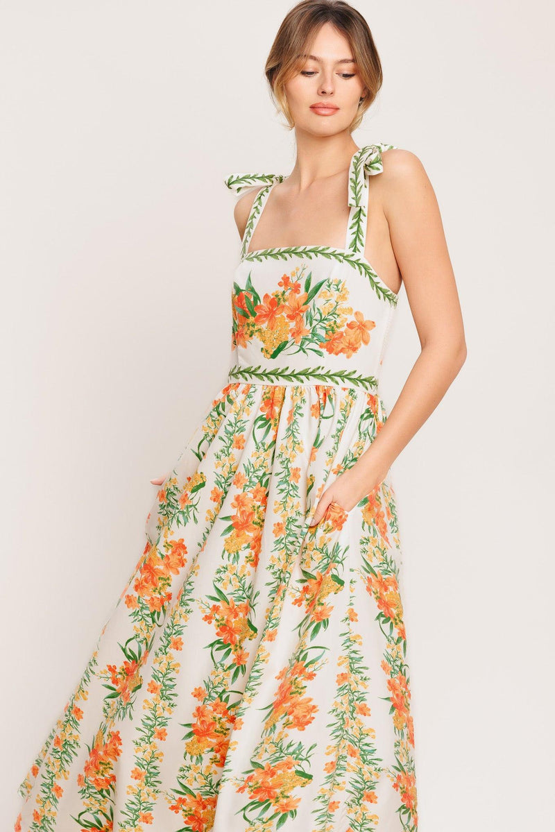 Square Neck Midi Floral Print Garden Party A-Line Dress Flying Tomato ID22949