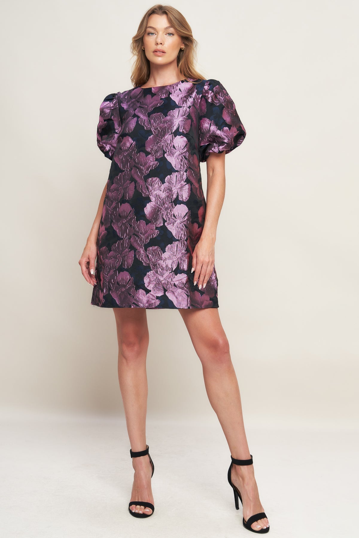 FLYING TOMATO Puff Sleeve Textured Minidress in Black Orchid at Nordstrom Rack, Size Small