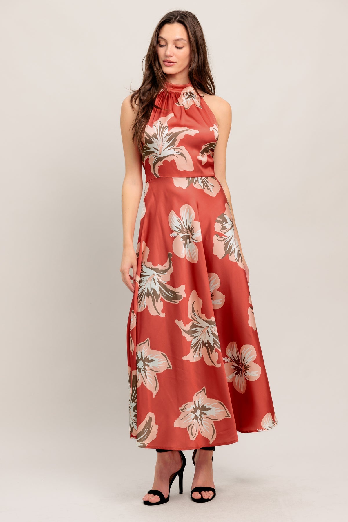 Coral Red Halter Neck Ankle-Length Satin Floral Cocktail Dress Flying Tomato ID23170