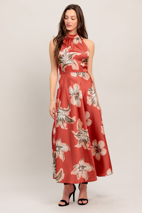 Halter Neck Ankle-Length Satin Floral Cocktail Dress Flying Tomato ID23170