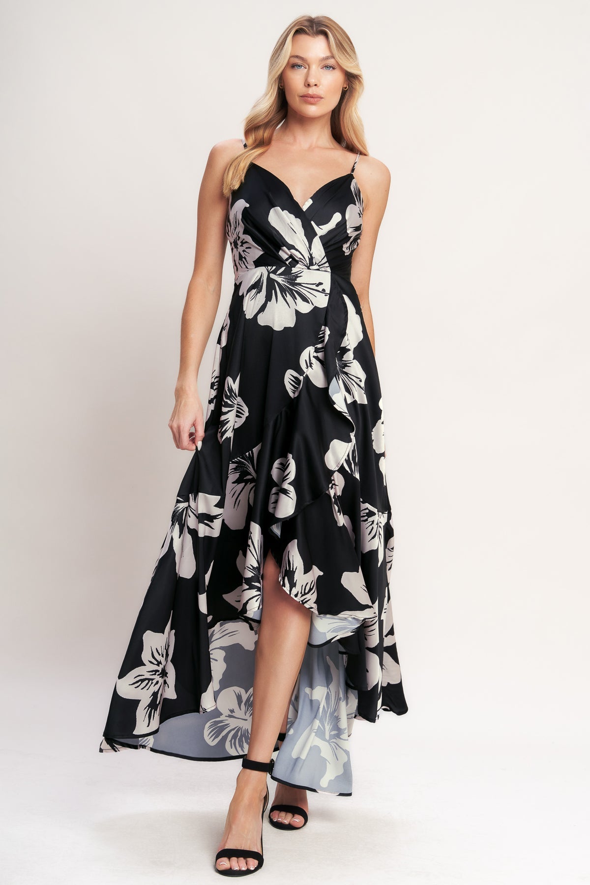 Black V-Neck High-Low Satin Cocktail Floral Dress Flying Tomato ID23173