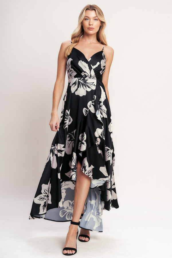 V-Neck High-Low Satin Cocktail Floral Dress Flying Tomato ID23173