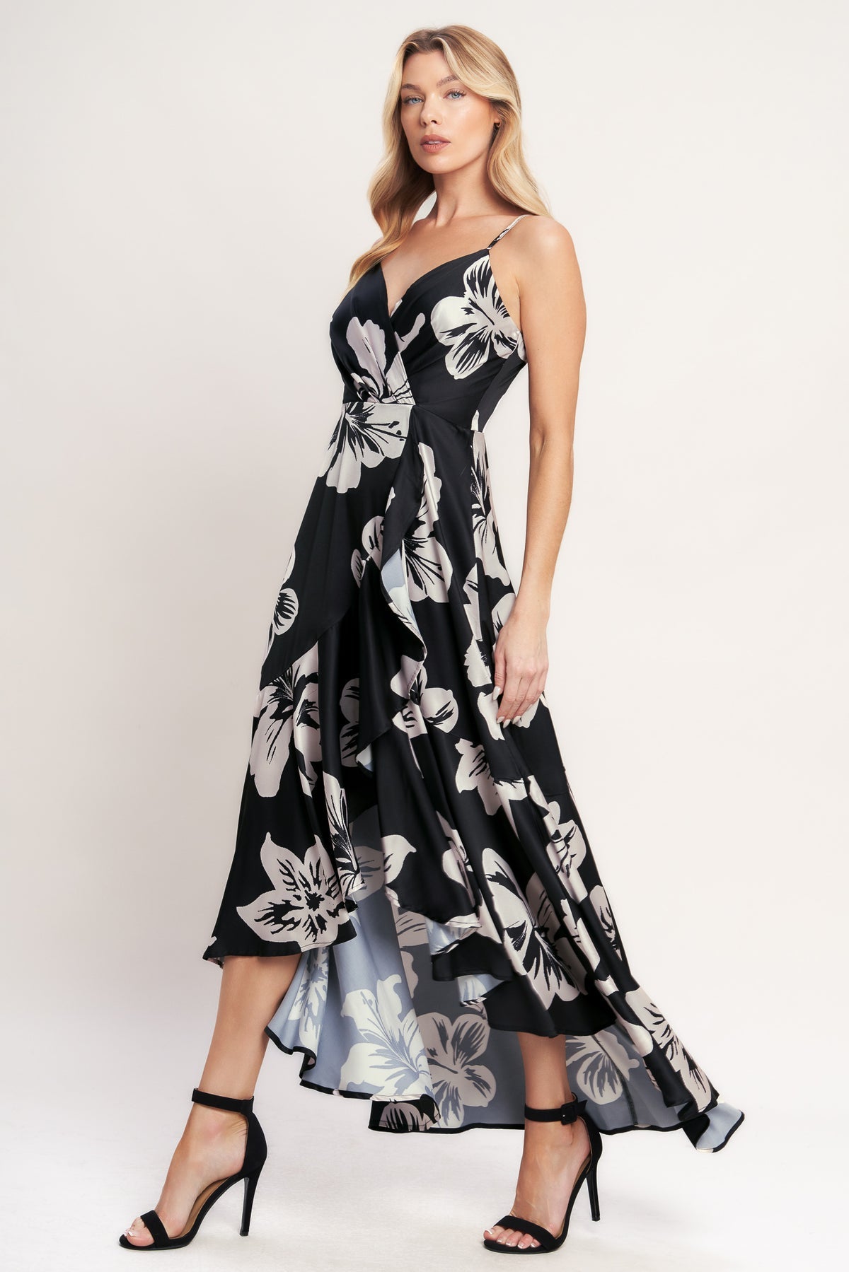 Black V-Neck High-Low Satin Cocktail Floral Dress Flying Tomato ID23173