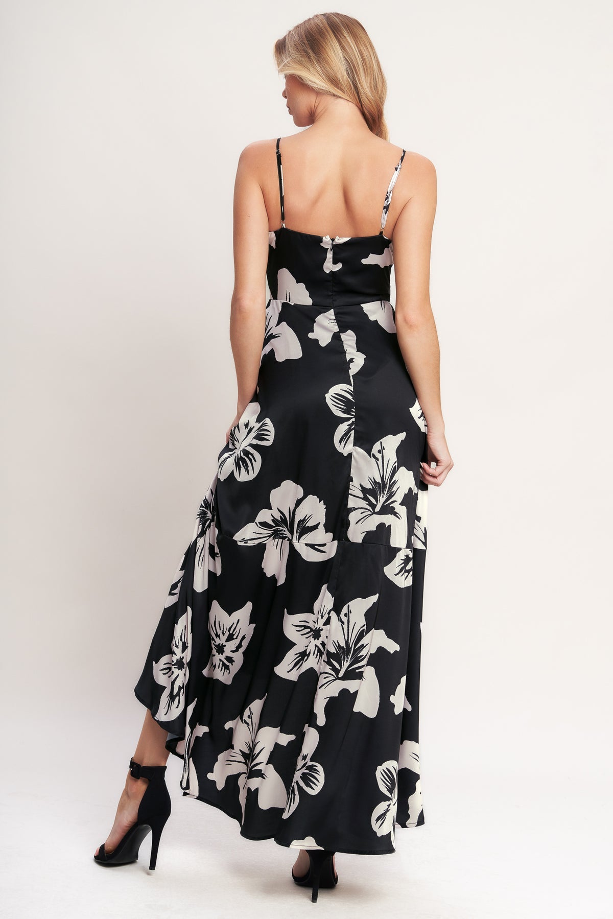 Black V-Neck High-Low Satin Cocktail Floral Dress Flying Tomato ID23173
