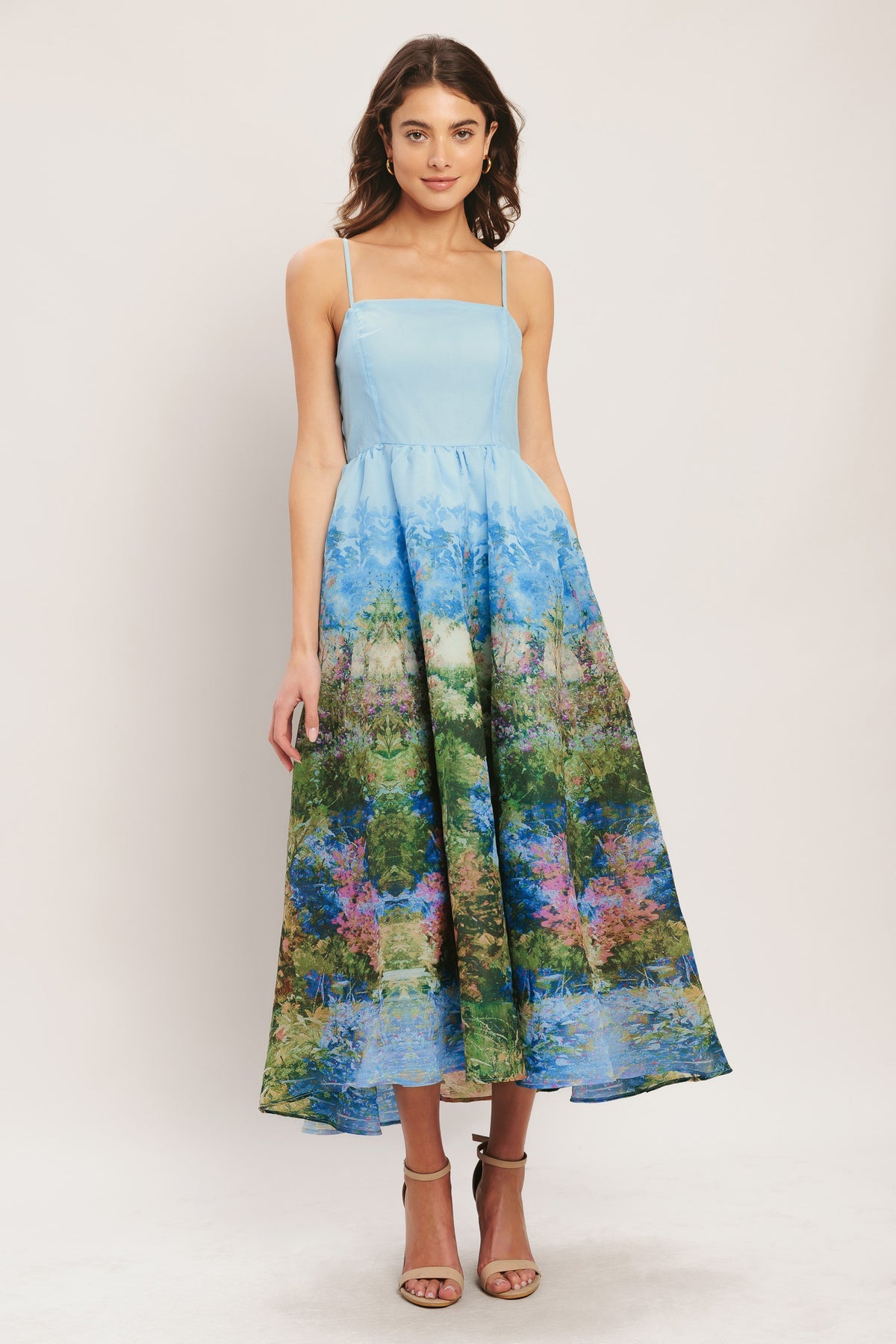 Pale Blue Square Neck Midi Cotton Print Cocktail Dress Fit and Flare Formal Dress Flying Tomato ID23205