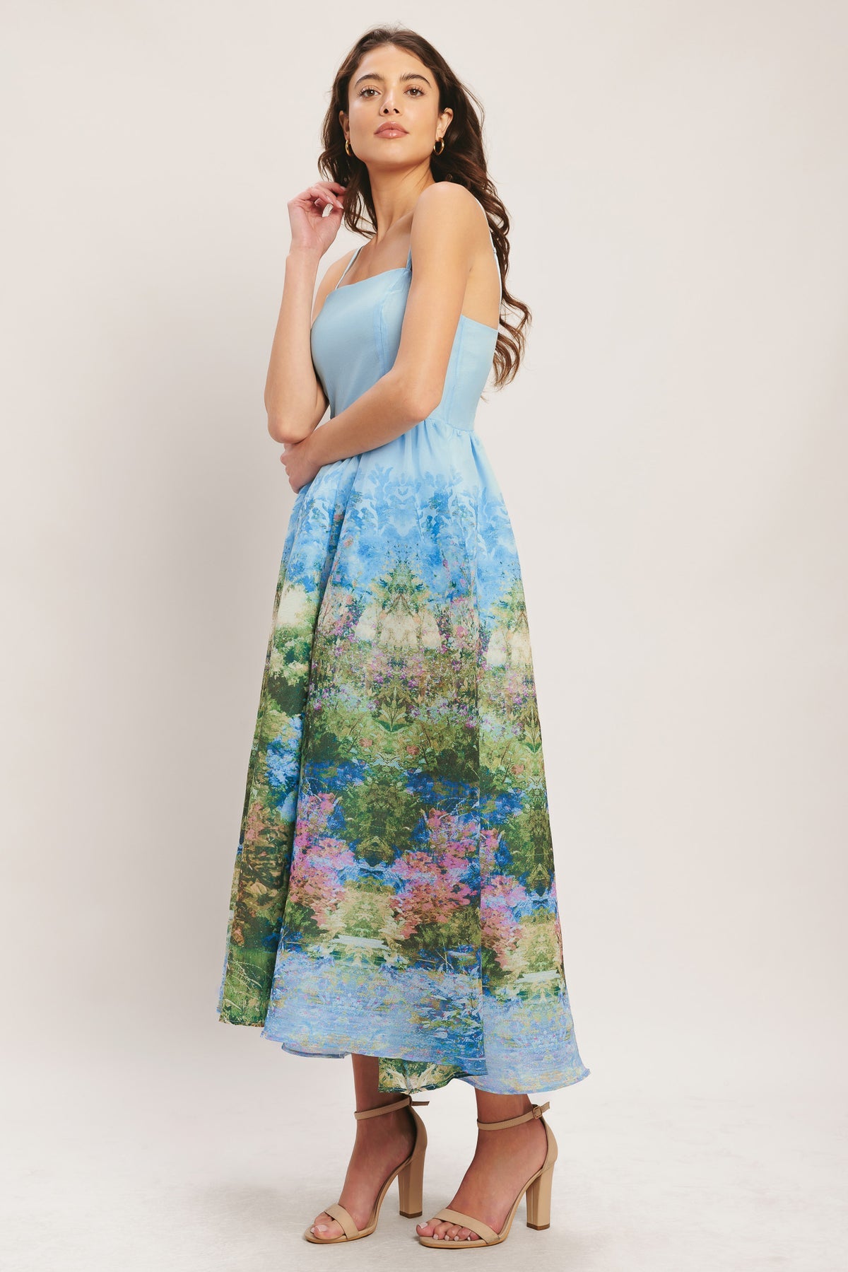 Pale Blue Square Neck Midi Cotton Print Cocktail Dress Fit and Flare Formal Dress Flying Tomato ID23205