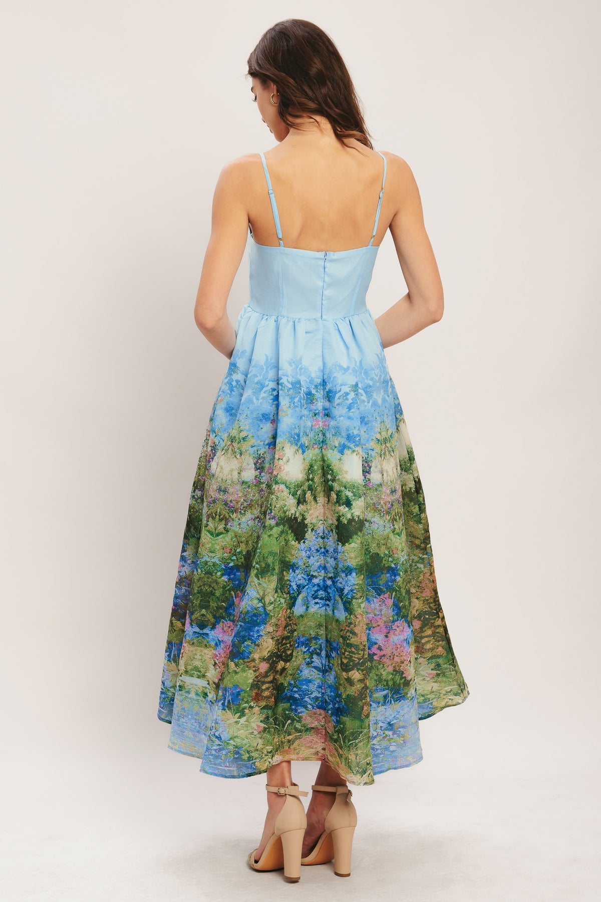 Pale Blue Square Neck Midi Cotton Print Cocktail Dress Fit and Flare Formal Dress Flying Tomato ID23205