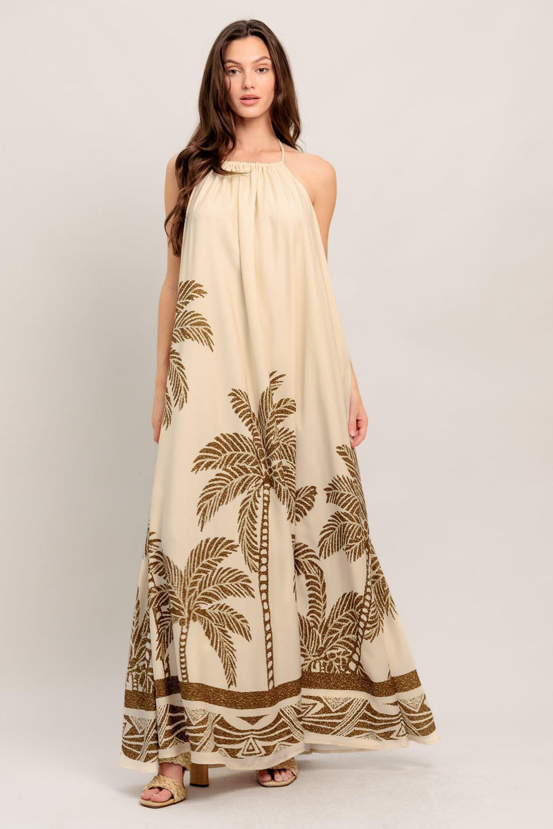 Halter Floor-Length Crepe Vacation A-Line Dress Flying Tomato ID23211