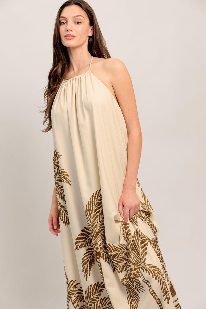 Halter Floor-Length Crepe Vacation A-Line Dress Flying Tomato ID23211