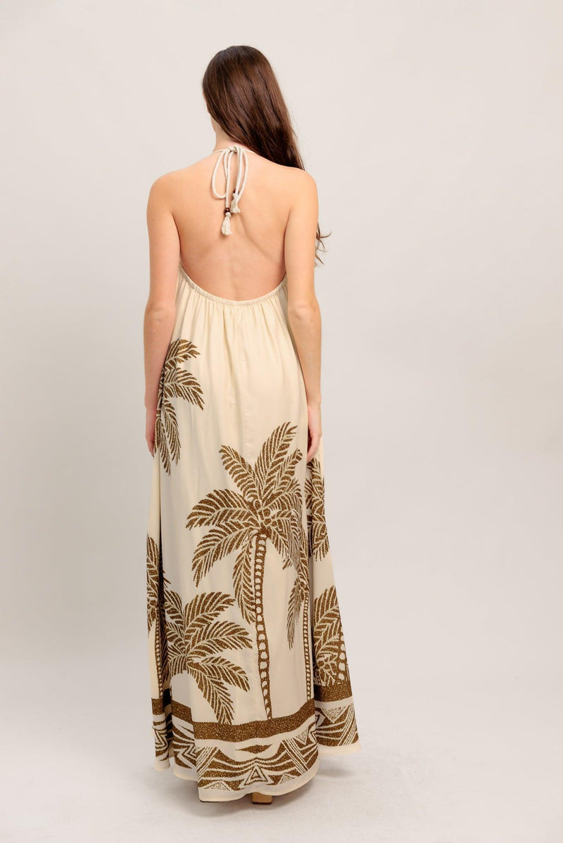 Halter Floor-Length Crepe Vacation A-Line Dress Flying Tomato ID23211