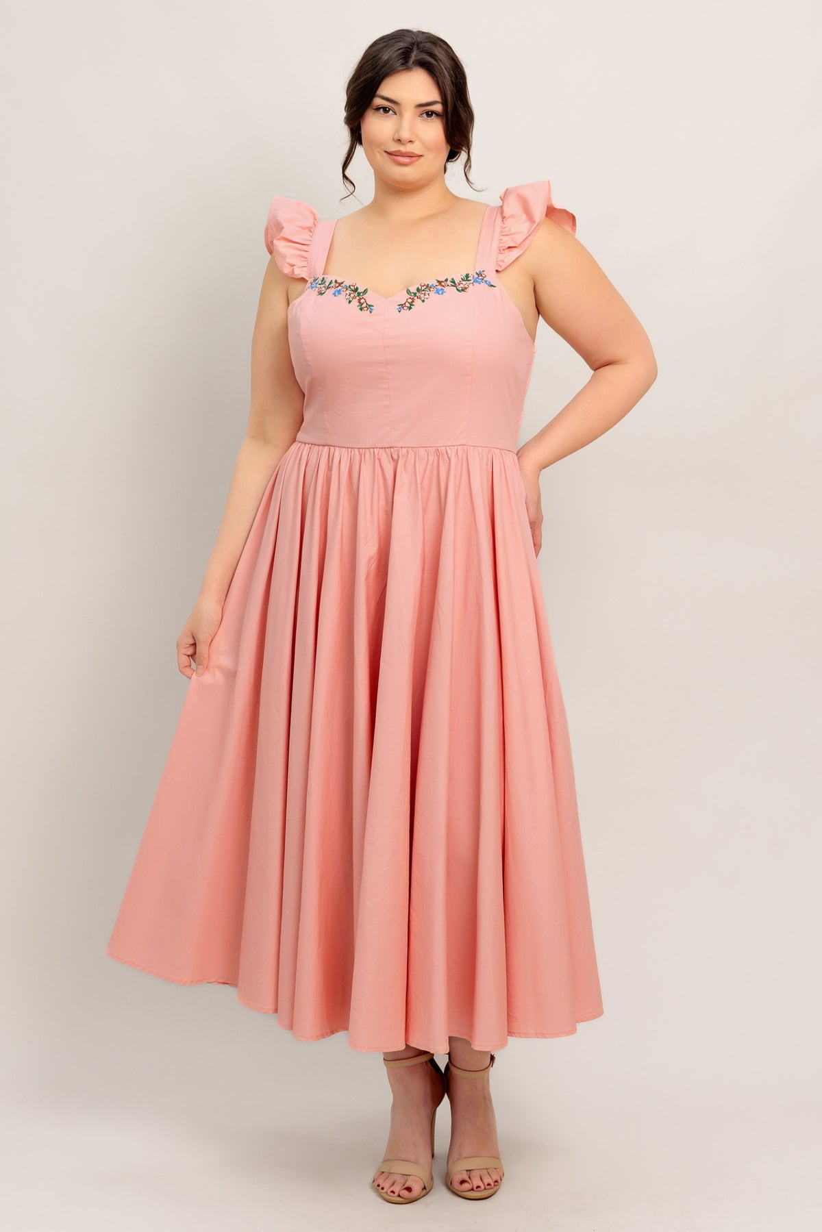Dusty Pink Sweetheart Neckline Flutter Sleeve Embroidered Midi Dress Flying Tomato ID23220