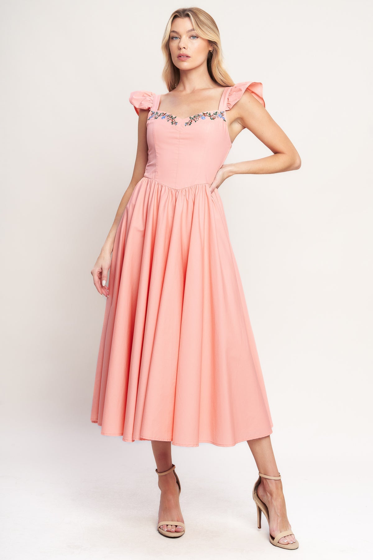 BLUSHED WITH LOVE WOVEN MIDI DRESS, DUSTY PINK / S