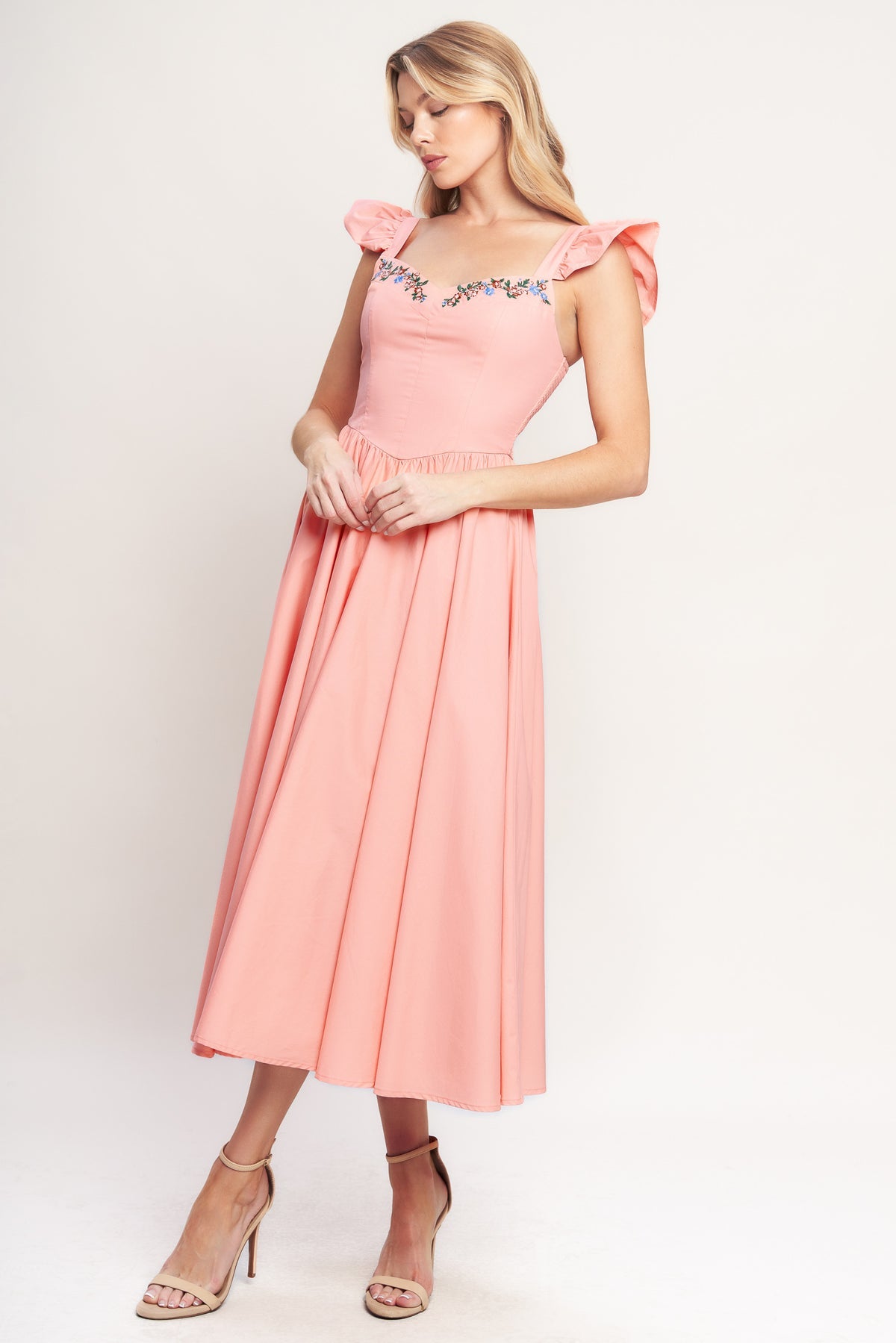 Dusty Pink Sweetheart Neckline Flutter Sleeve Embroidered Midi Dress Flying Tomato ID23220