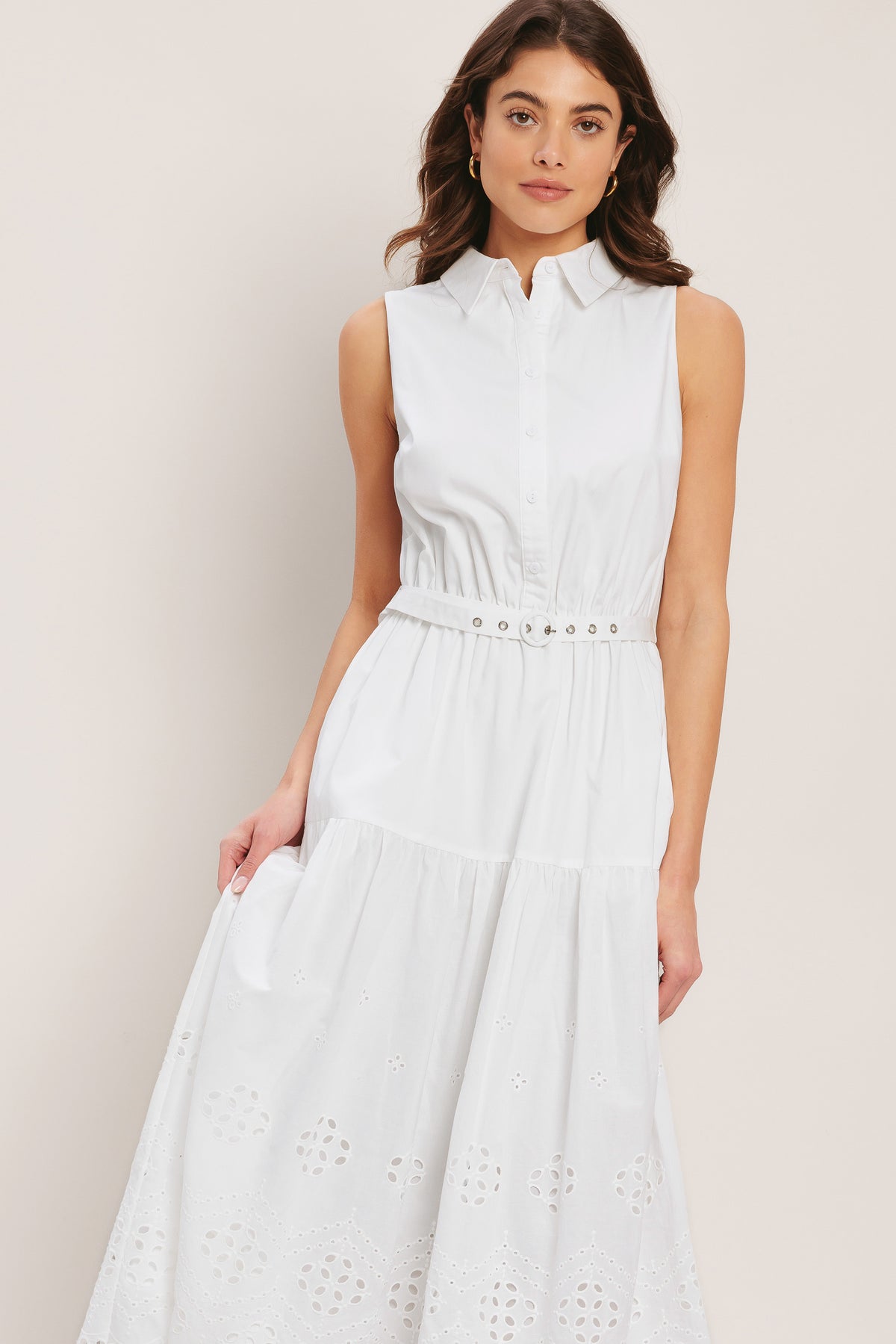 White Collared Midi Woven Casual Dress with Eyelet Hem and Belt Flying Tomato ID23225