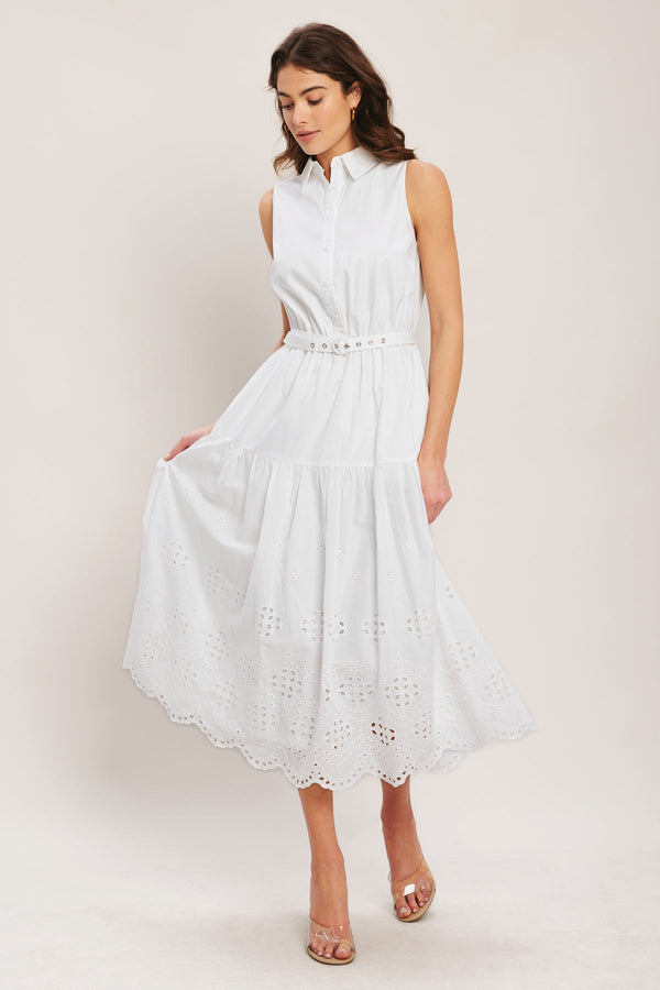 Collared Midi Woven Casual Dress with Eyelet Hem and Belt Flying Tomato ID23225
