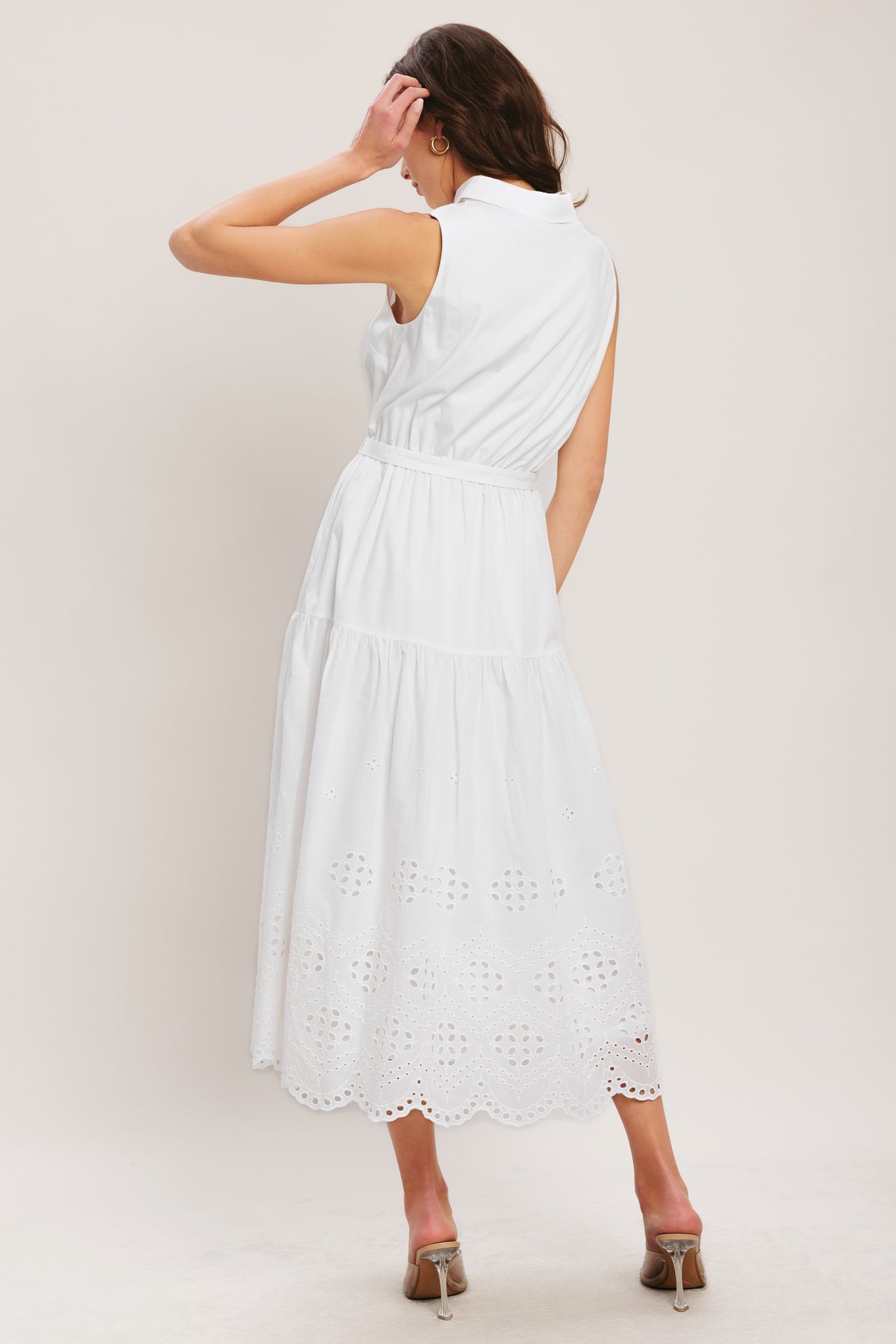 White Collared Midi Woven Casual Dress with Eyelet Hem and Belt Flying Tomato ID23225