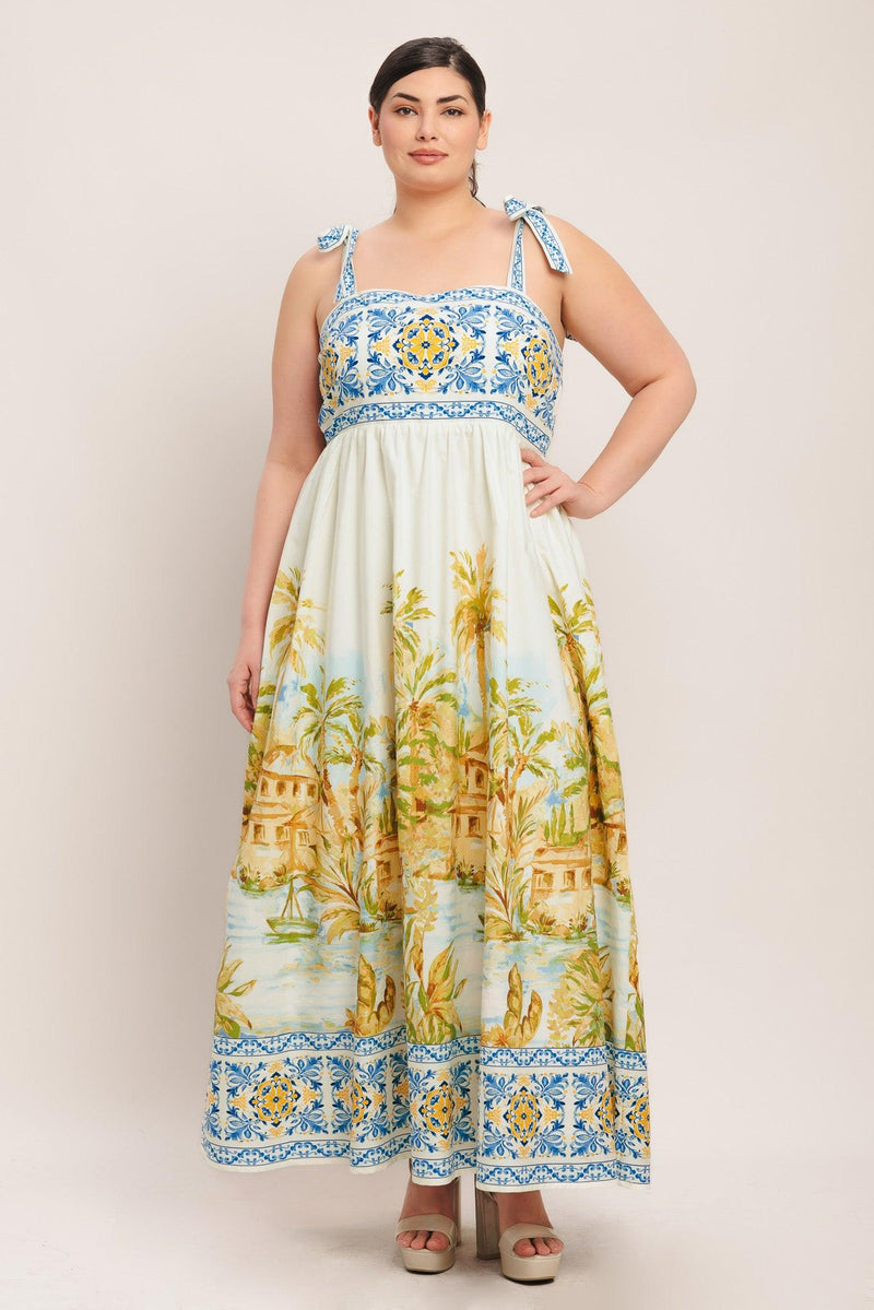 Square Neck Floor-Length Scenic Print A-Line Garden Party Maxi Dress Flying Tomato ID23246