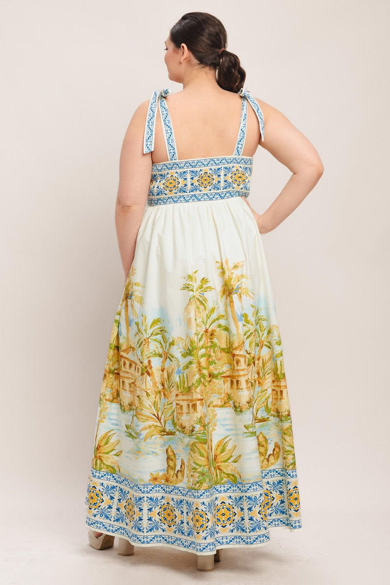 Square Neck Floor-Length Scenic Print A-Line Garden Party Maxi Dress Flying Tomato ID23246